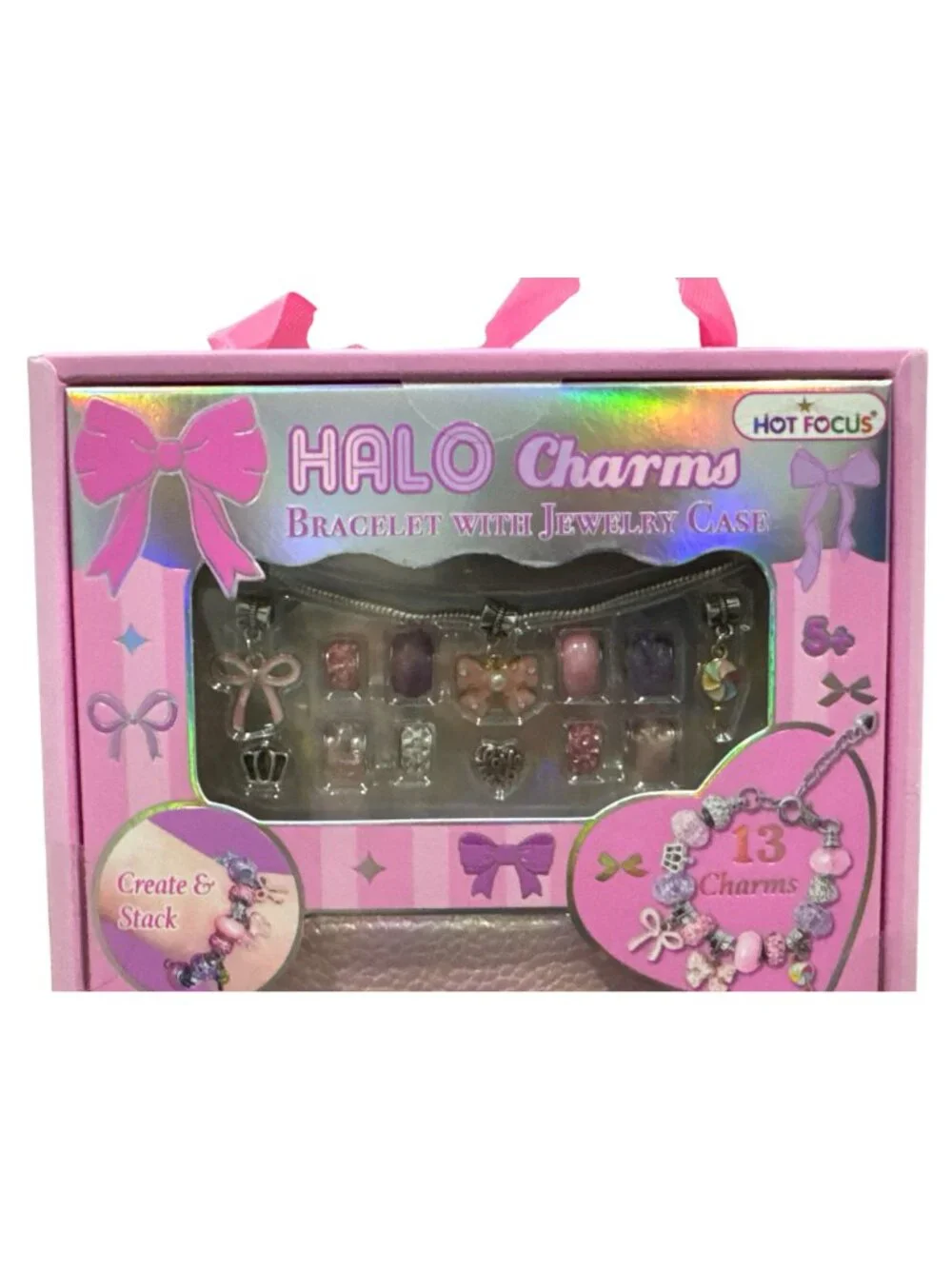 Halo Charms Bracelet With Jewelry Case - 13 Charms 1 Bracelet 1 Case Pink Bow De